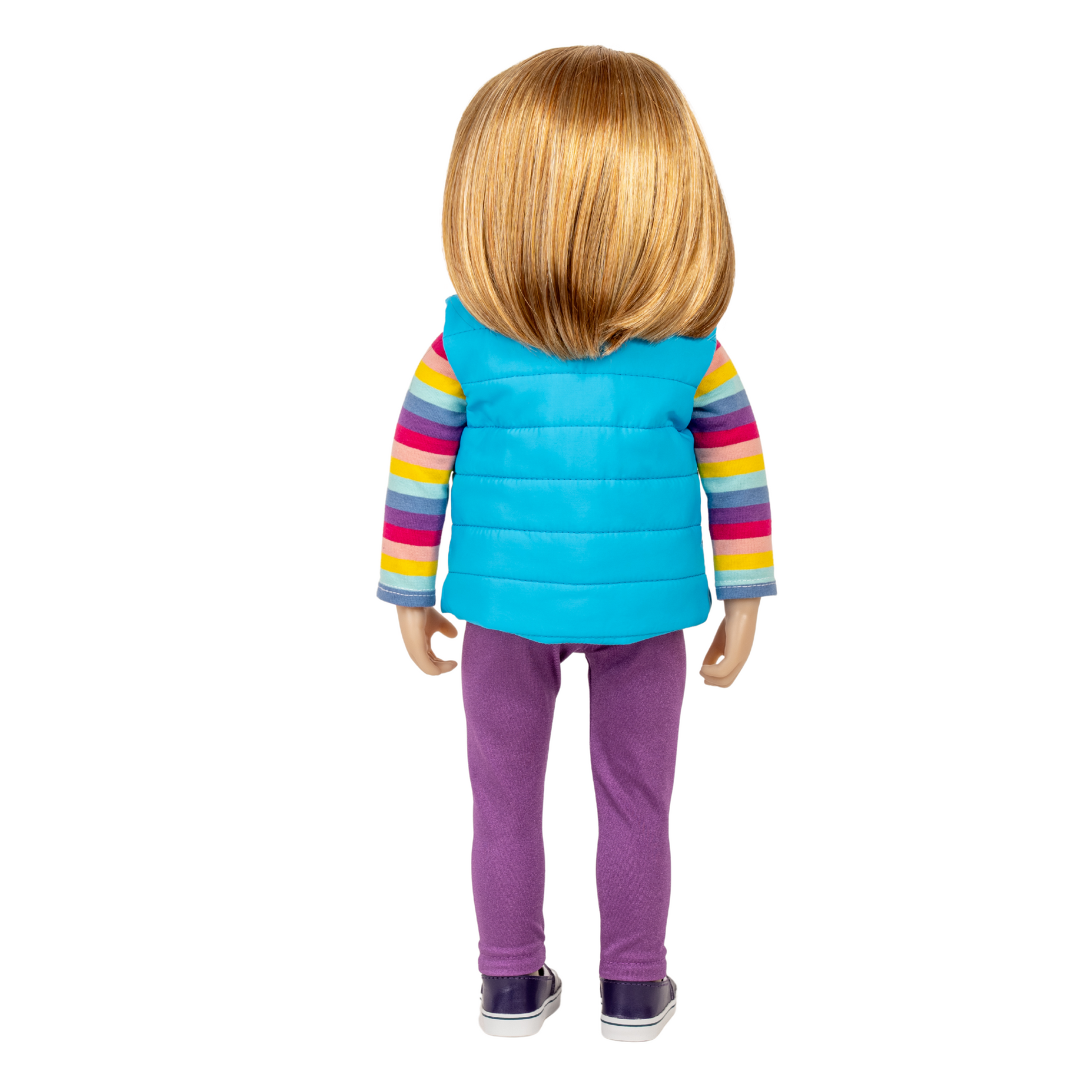 18-inch blonde maplelea and me doll wearing a blue puffer vest, striped shirt, and purple pants.