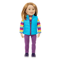 18-inch blonde maplelea and me doll wearing a blue puffer vest, striped shirt, and purple pants.