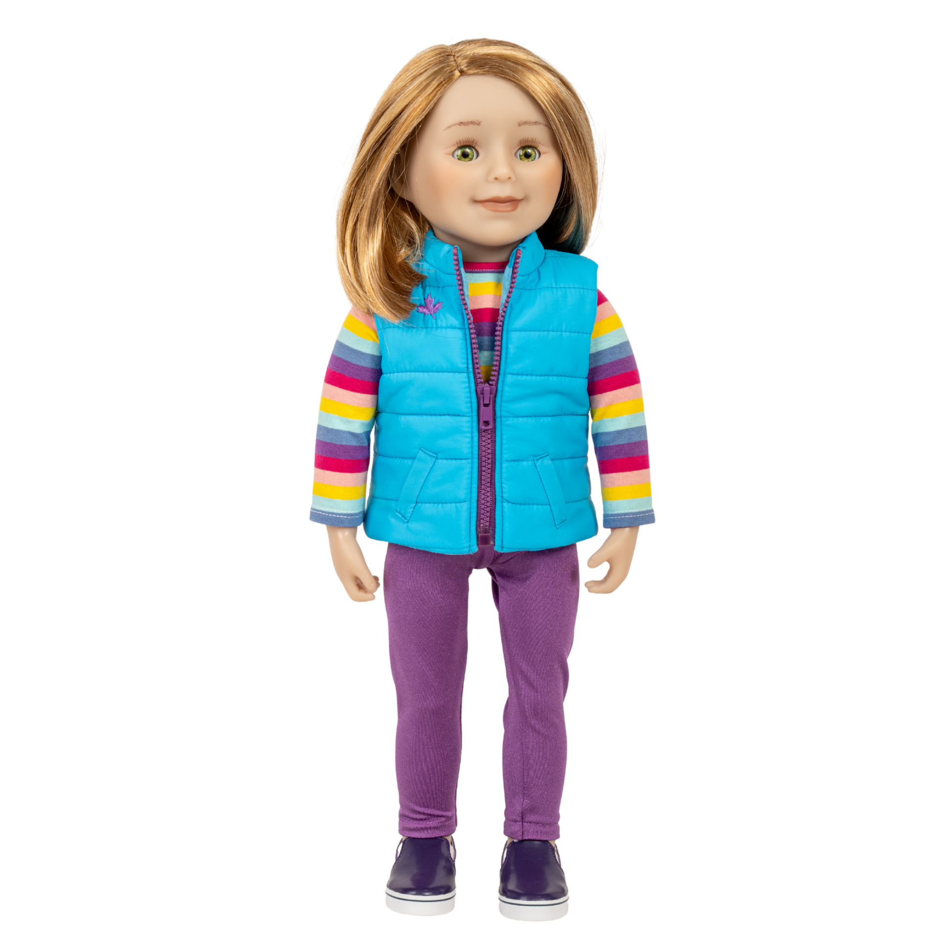 18-inch blonde maplelea and me doll wearing a blue puffer vest, striped shirt, and purple pants.