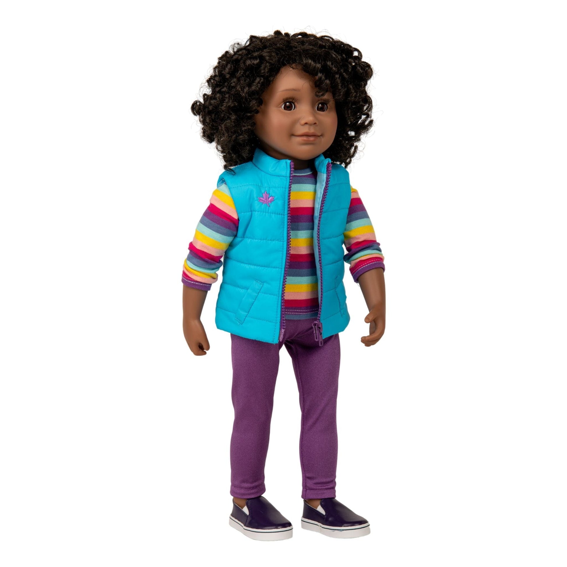 18-inch Girl Doll with curly black hair, dark skin and brown eyes