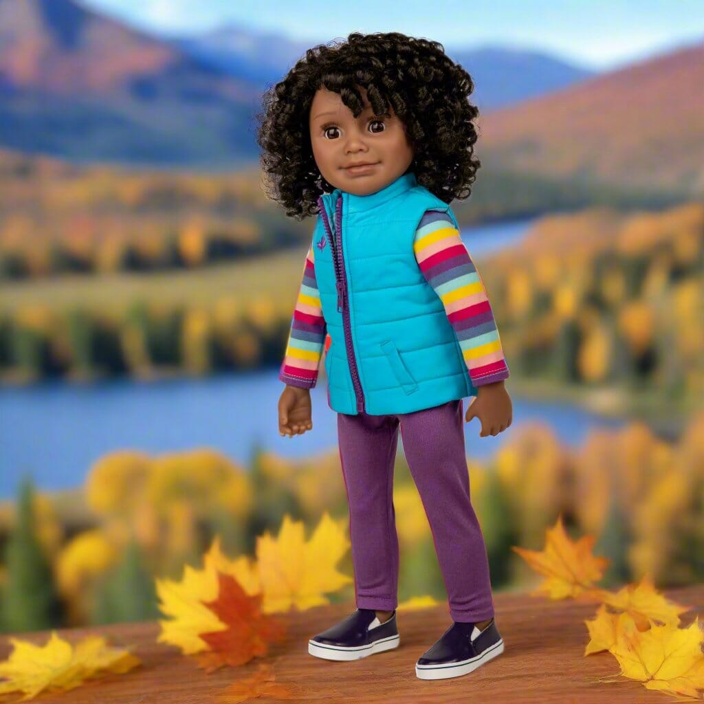18-inch Girl Doll with curly black hair, dark skin and brown eyes