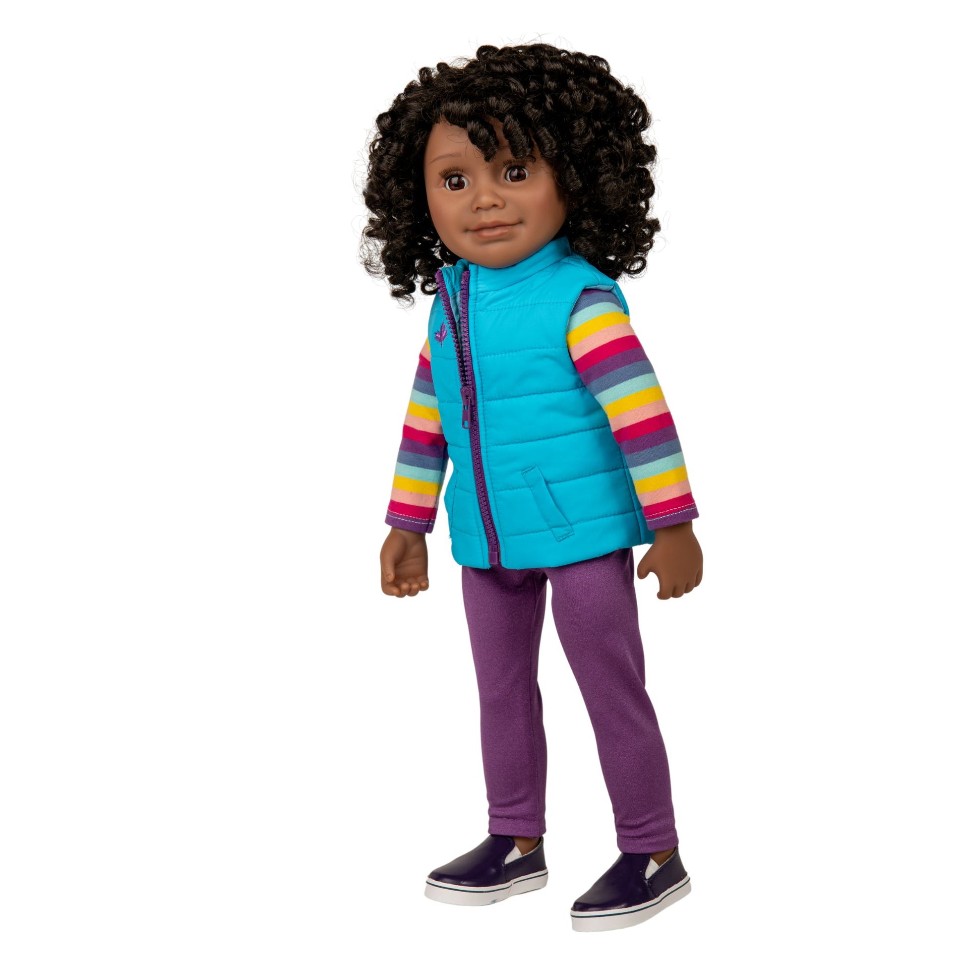 18-inch Girl Doll with curly black hair, dark skin and brown eyes