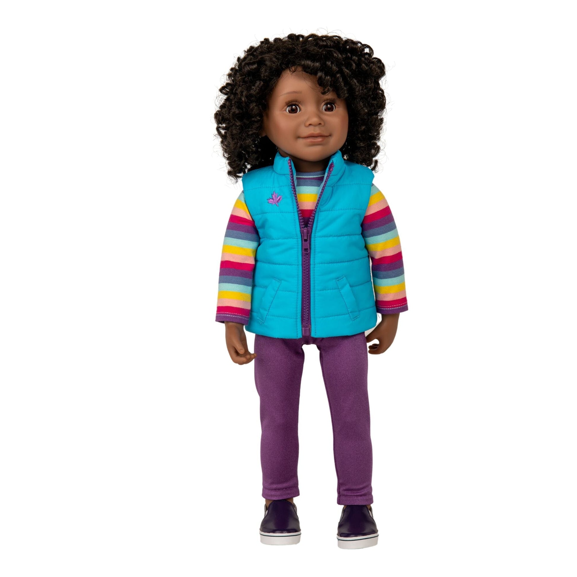 18-inch Girl Doll with curly black hair, dark skin and brown eyes