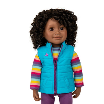 18-inch Girl Doll with curly black hair, dark skin and brown eyes
