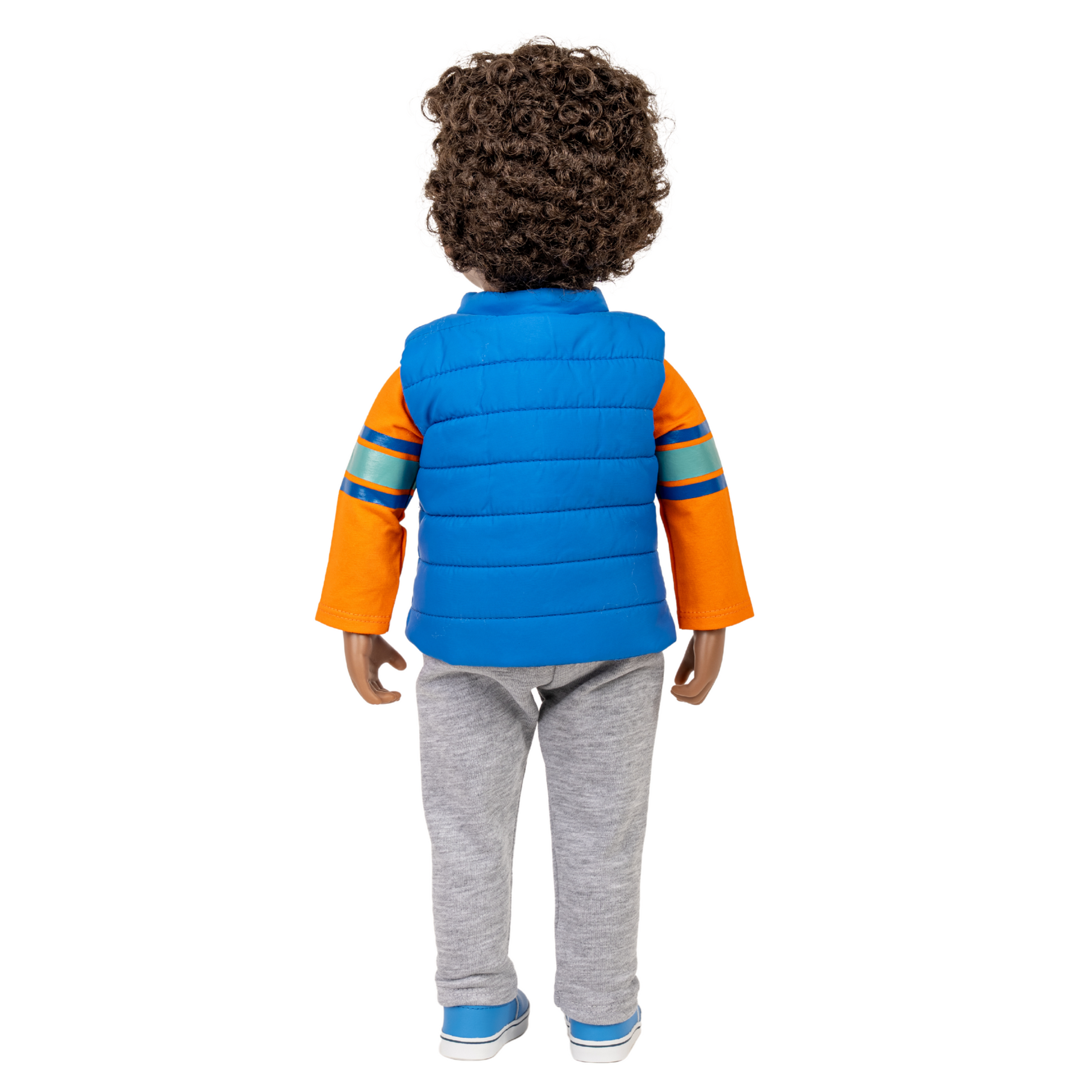 18-inch maplelea and me doll with curly dark hair wearing a blue and orange jacket with gray pants.