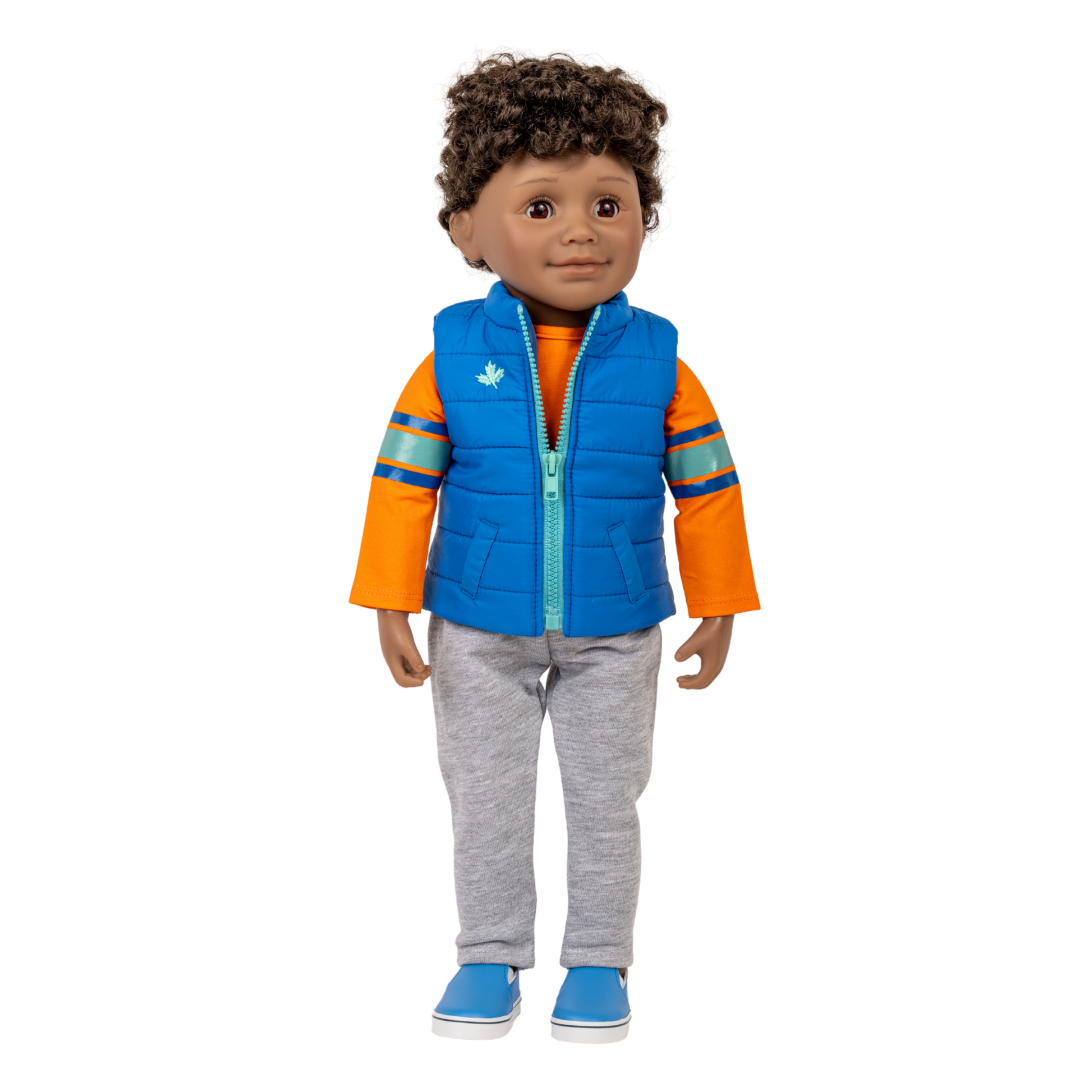 18-inch maplelea and me doll with curly dark hair wearing a blue and orange jacket with gray pants