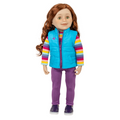 18-inch maplelea and me doll with ginger hair wearing a colorful outfit with a blue vest.