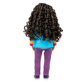 18-inch maplelea and me doll with long dark curly hair wearing a blue puffer vest with colourful stripes, purple pants, and dark shoes.