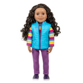 18-inch maplelea and me doll with long dark curly hair wearing a blue puffer vest with colourful stripes, purple pants, and dark shoes.