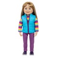 18-inch maplelea and me doll with long blonde hair wearing a colourful striped sweater and purple pants.
