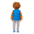 18-inch maplelea and me doll wearing a blue and orange jacket with gray pants.