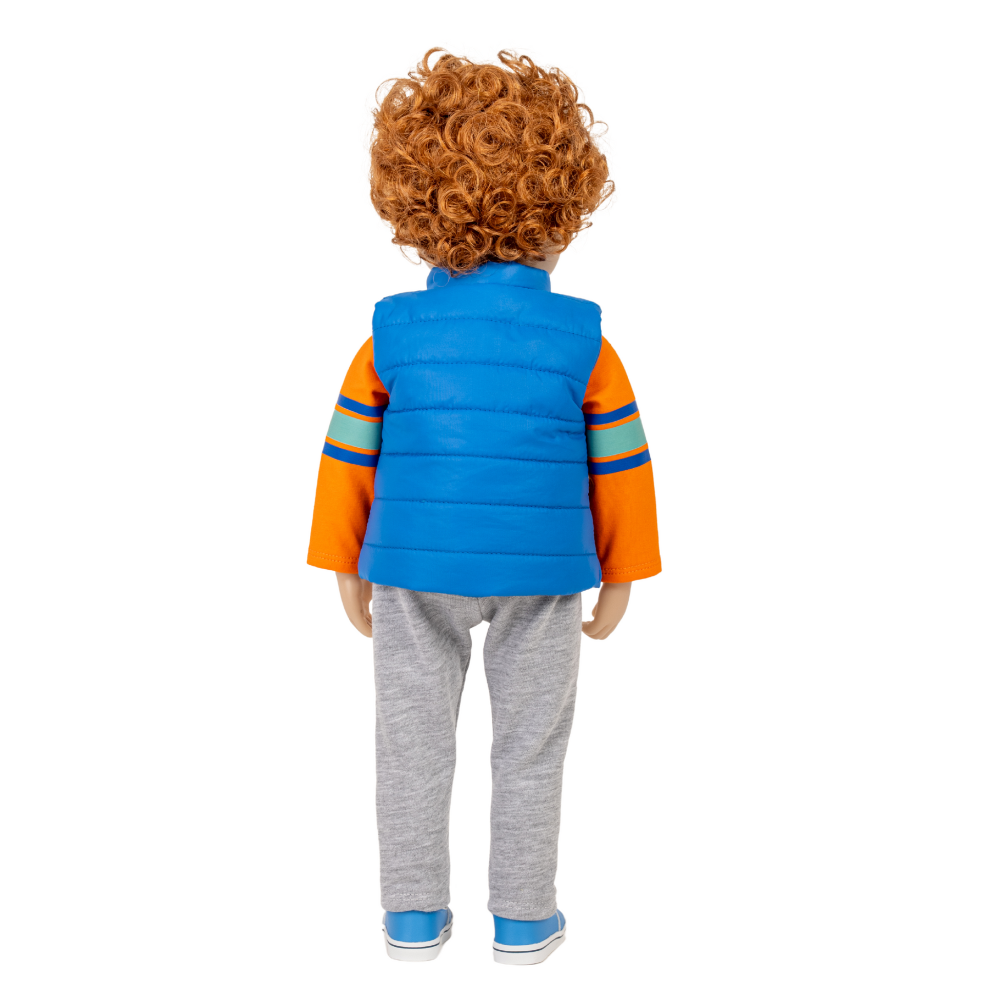 18-inch maplelea and me doll wearing a blue and orange jacket with gray pants.