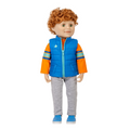 18-inch maplelea and me doll wearing a blue and orange jacket with gray pants.