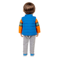 18-inch maplelea and me doll with short brown hair wearing a blue and orange outfit with a puffer vest.