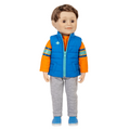 18-inch maplelea and me doll with short brown hair wearing a blue and orange outfit with a puffer vest.
