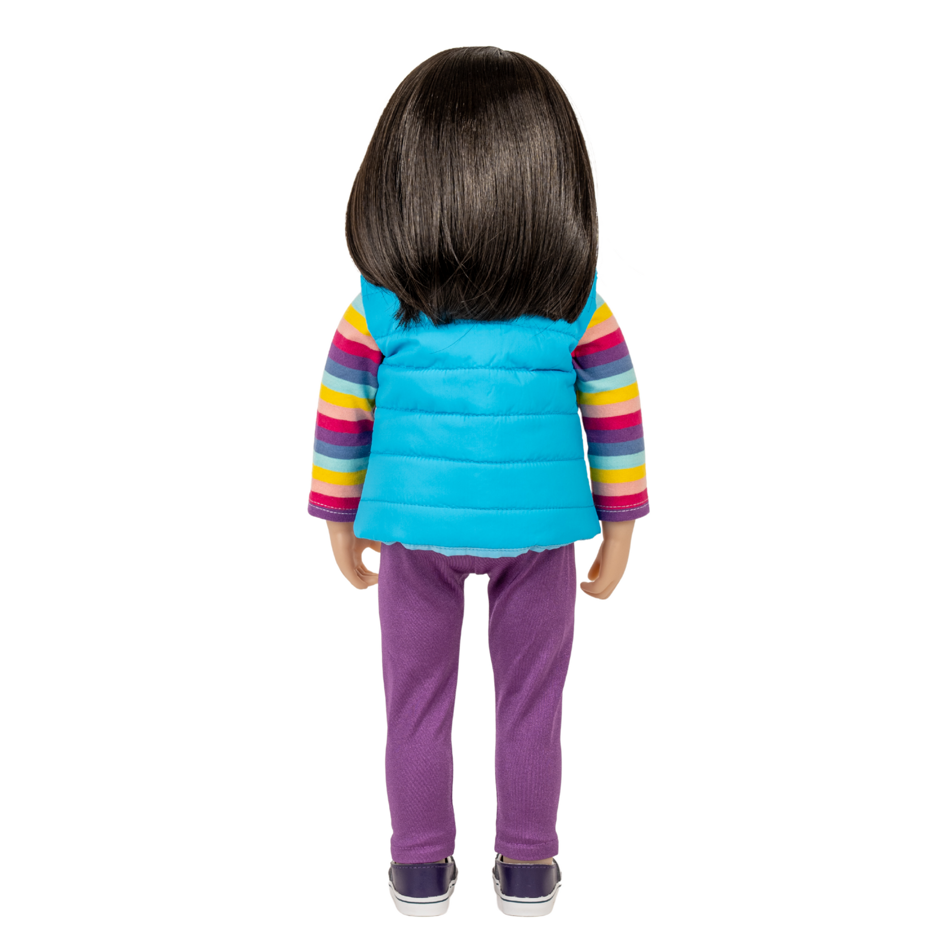 18-inch asian maplelea and me doll with short dark hair wearing a colourful outfit with a blue puffer vest.