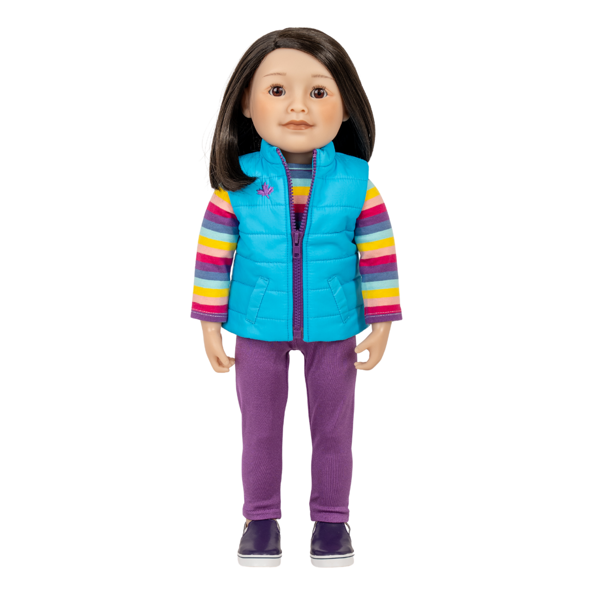 18-inch asian maplelea and me doll with short dark hair wearing a colourful outfit with a blue puffer vest.