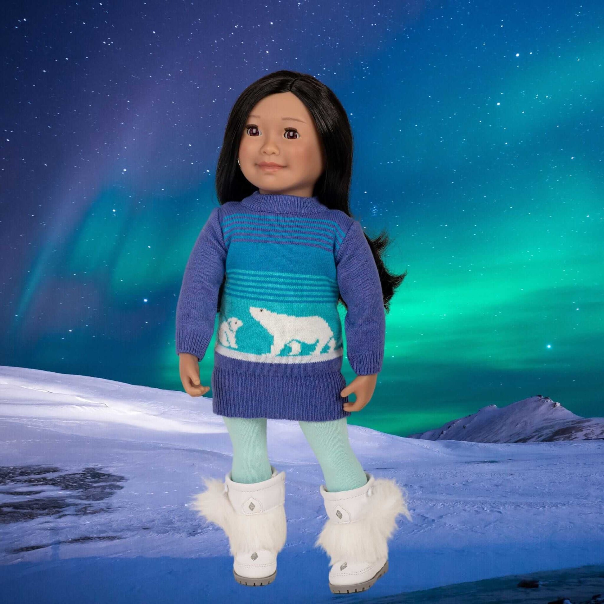 cozy polar bear sweaterdress shown on Inuit doll from Iqaluit.