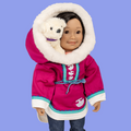 18-inch doll wearing a Fuchsia amauti with white fur lining and intricate inuit details and a dog in the hood.