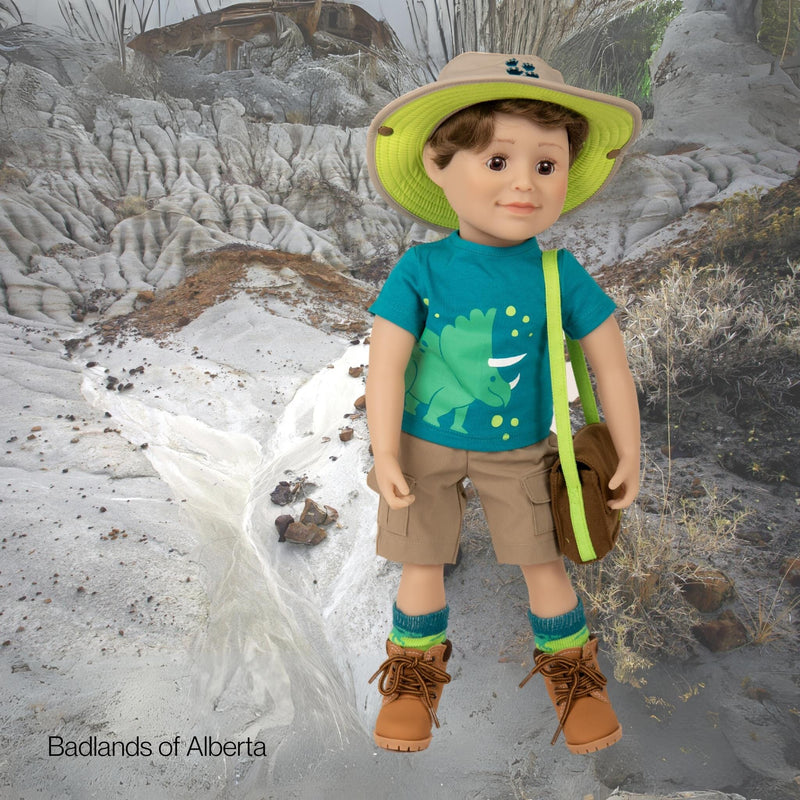 18" doll paleontologist and geology tools wearing dinosaur t-shirt safari hat khaki shorts socks 