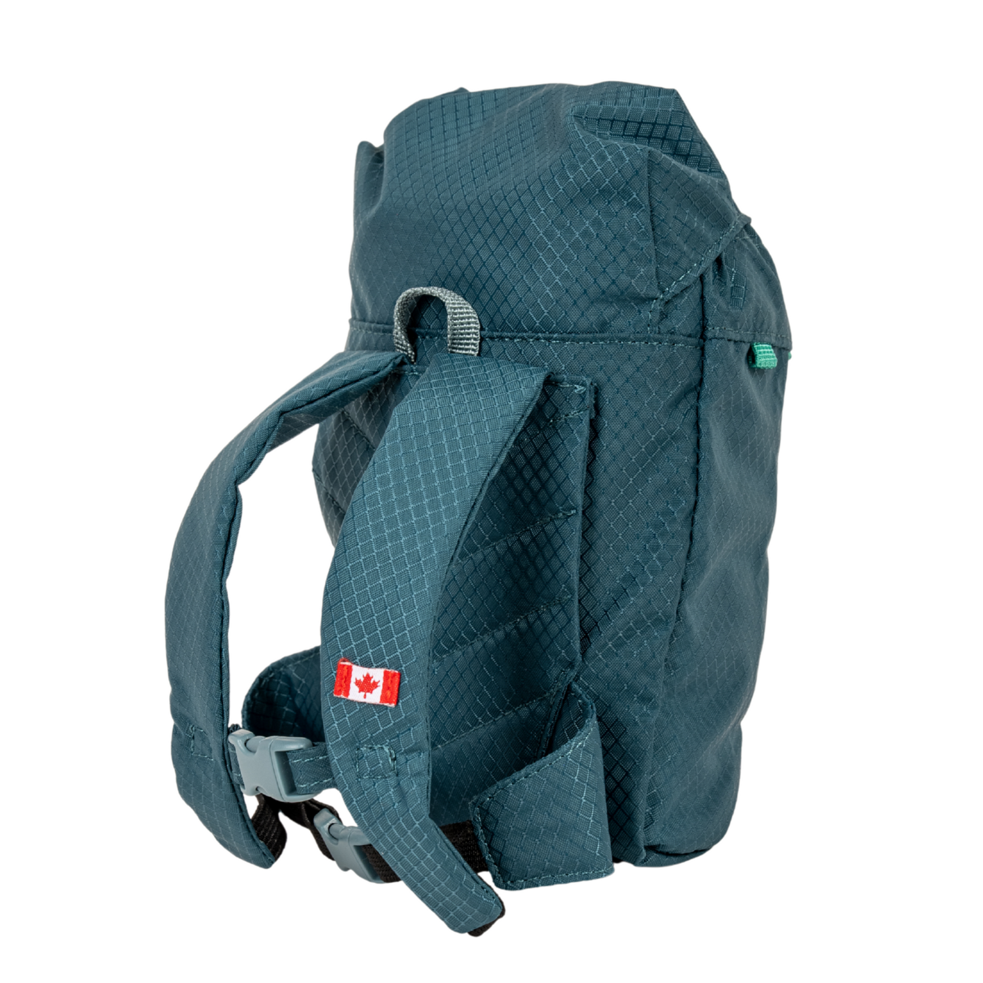 Teal backpack for hiking with canadian flag logo on strap for 28-inch dolls.