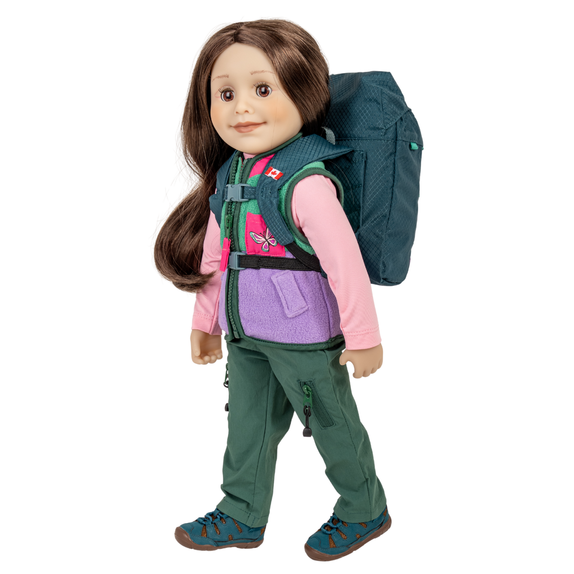 18-inch doll wearing a hiking outfit with a teal backpack.