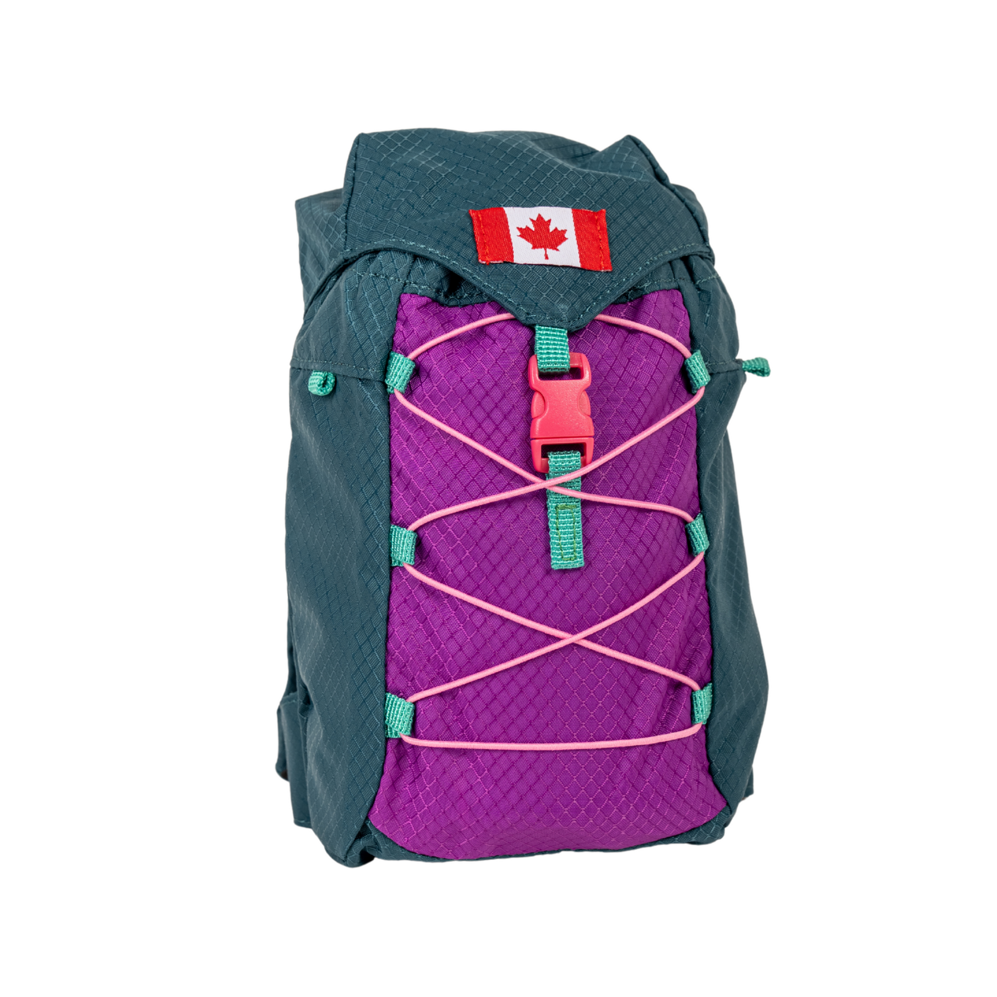 Backpack with a purple front panel and teal sides, featuring a Canadian flag patch.