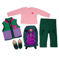 18-inch doll outdoor clothing set with pink shirt, green pants, purple vest, backpack for hiking.