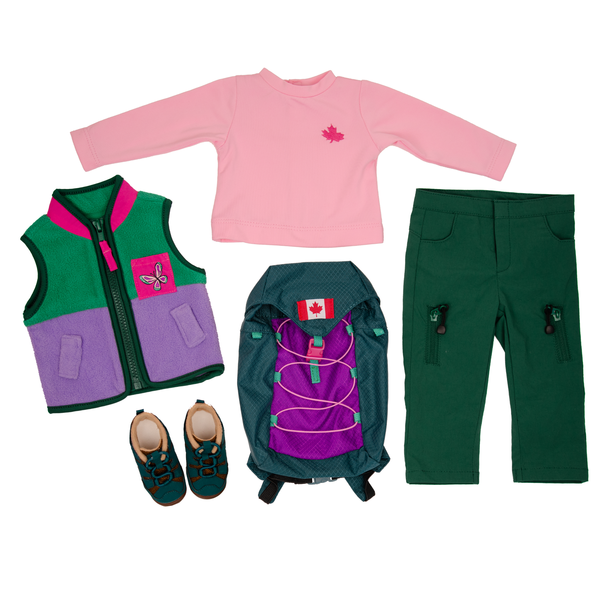 18-inch doll outdoor clothing set with pink shirt, green pants, purple vest, backpack for hiking.