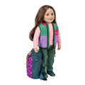 18-inch wearing a colorful hiking outfit with a backpack.