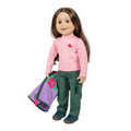 18-inch doll wearing a pink sweater with a maple leaf design, green pants, and a purple jacket.