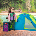 18-inch doll standing next to a blue and green tent with a purple backpack and hiking outfit in a forest setting.