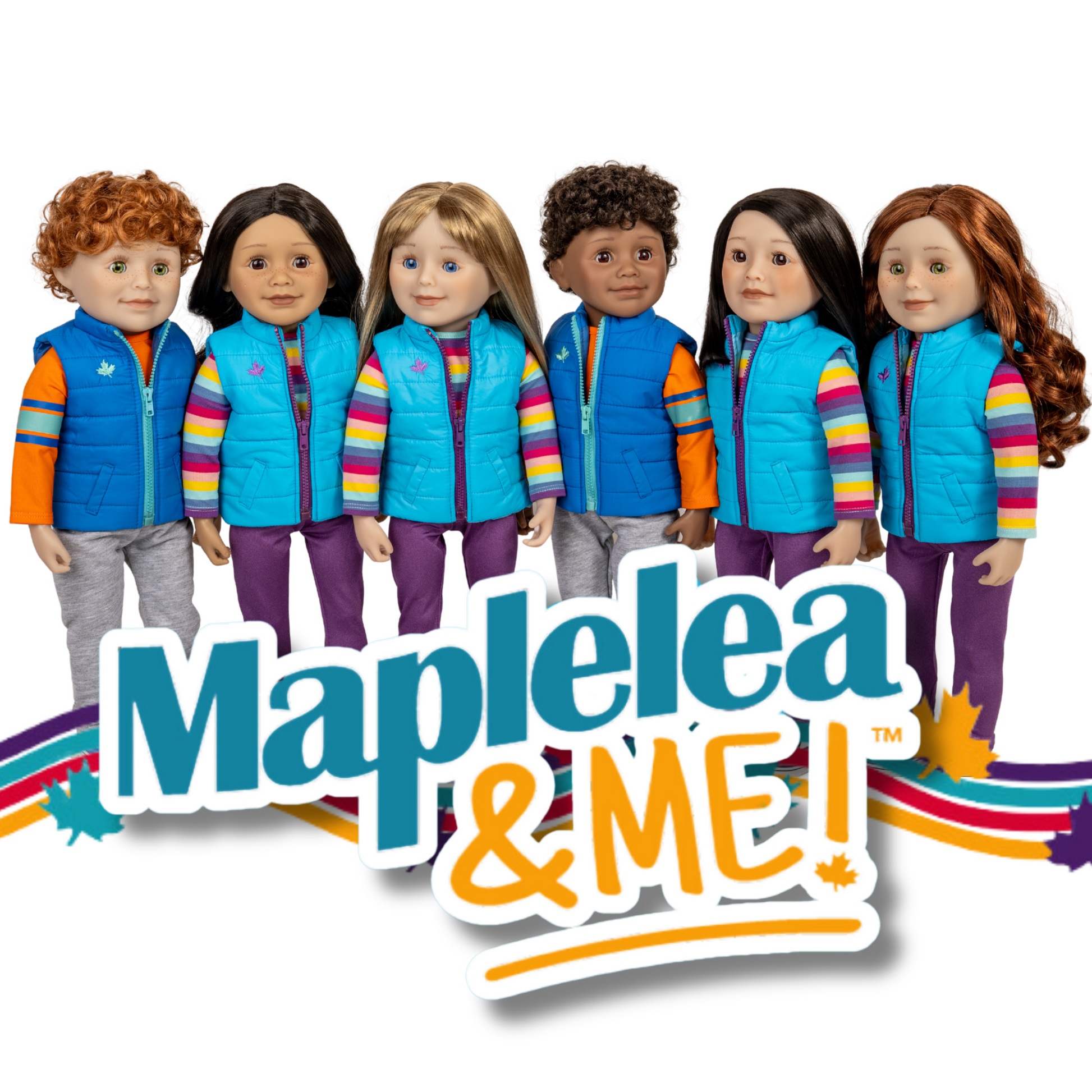 Group of dolls wearing matching outfits with 'Maplelea & ME!' logo.