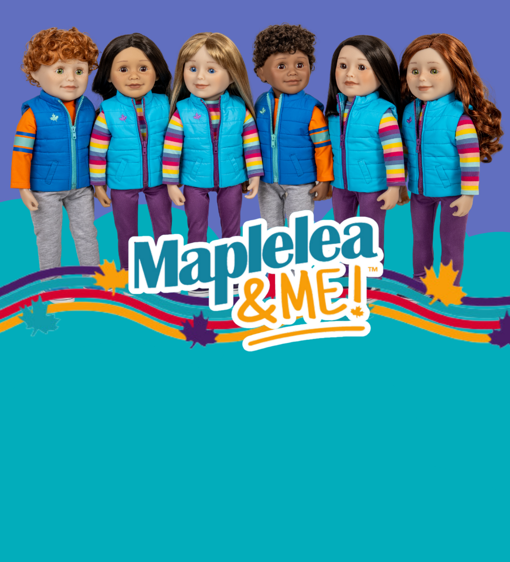 Six 18inch dolls in matching outfits with 'Maplelea & Me!' branding on a blue background