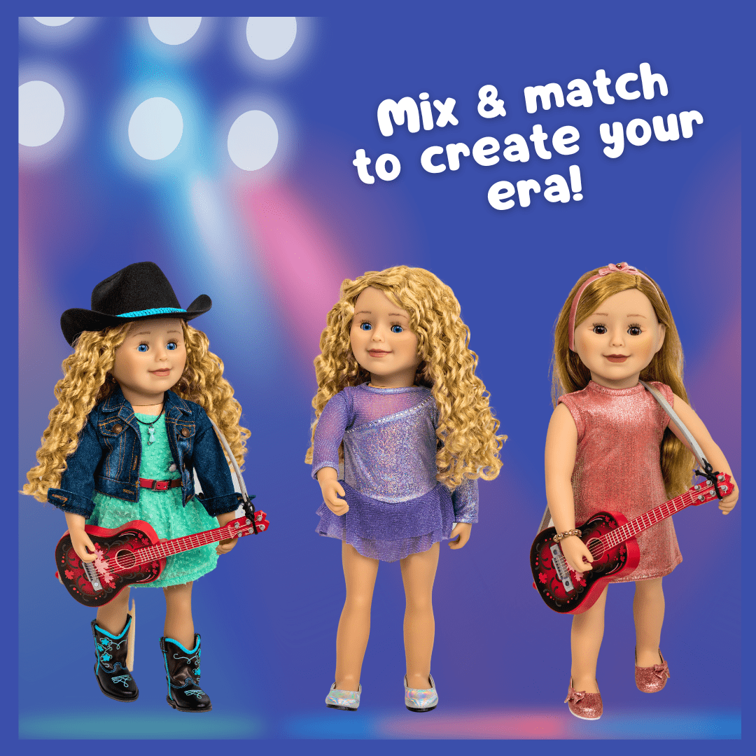 three 18-inch dolls wearing different outfits