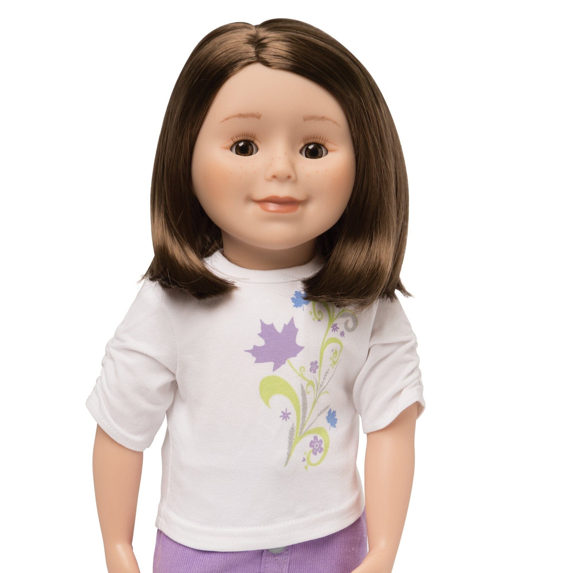 KMF25 Maplelea Friend 18 inch doll with shoulder-length brown hair, light skin, brown eyes and freckles