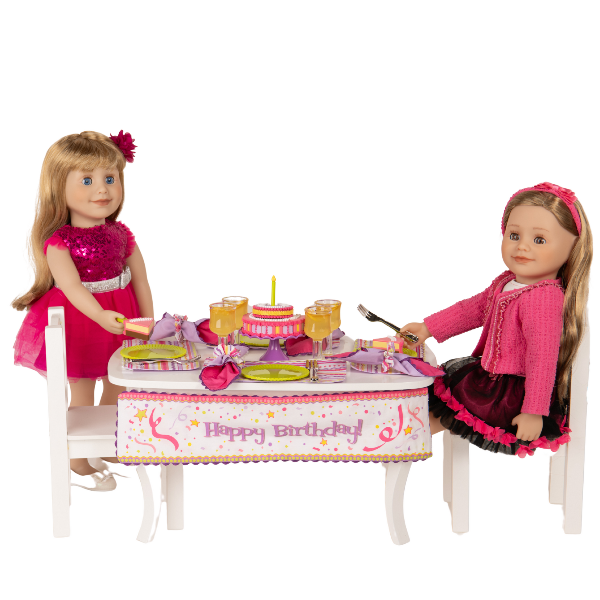 two 18-inch dolls sitting at table one is wearing belle soiree