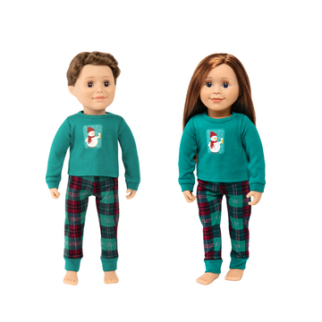 two 18-inch dolls wearing go with the snow pajama set