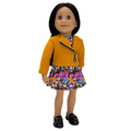 Alexi doll wearing thick chunky black loafers and multicoloured patterned dress and jacket.