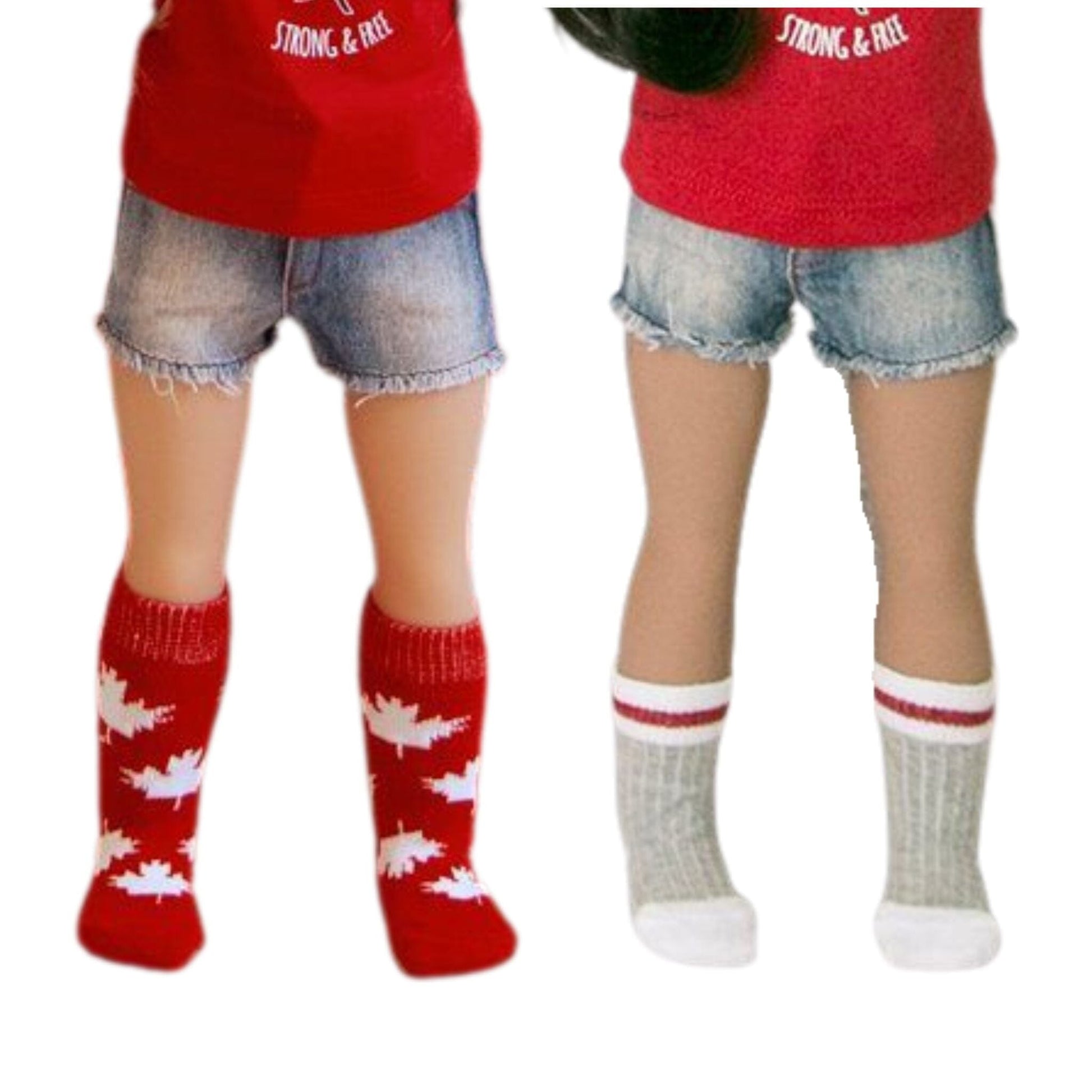 one pair of grey socks with red stripe and pair of red and white maple leaf socks on 18-inch dolls