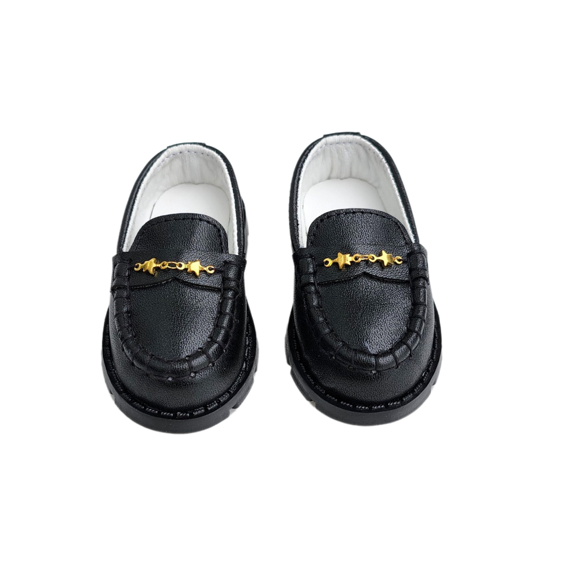 detail image of Kensington chunky black loafers with gold star chain.