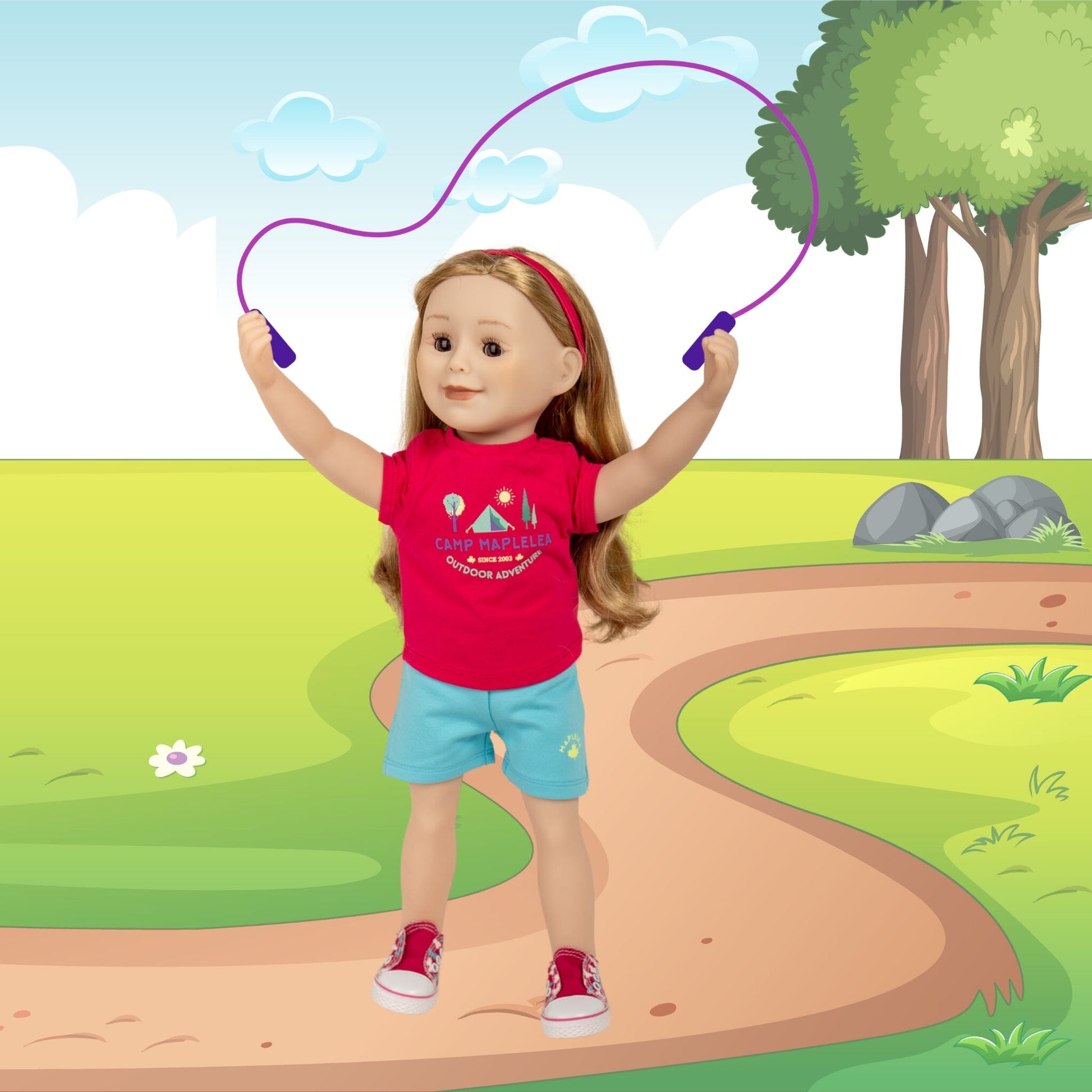 18-inch Maplelea doll skipping in summer short set with butterfly pink sneakers with elastic laces.