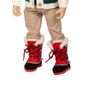 18-inch doll wearing a colourful striped sweater and red sherpa lined lace up snow boots.