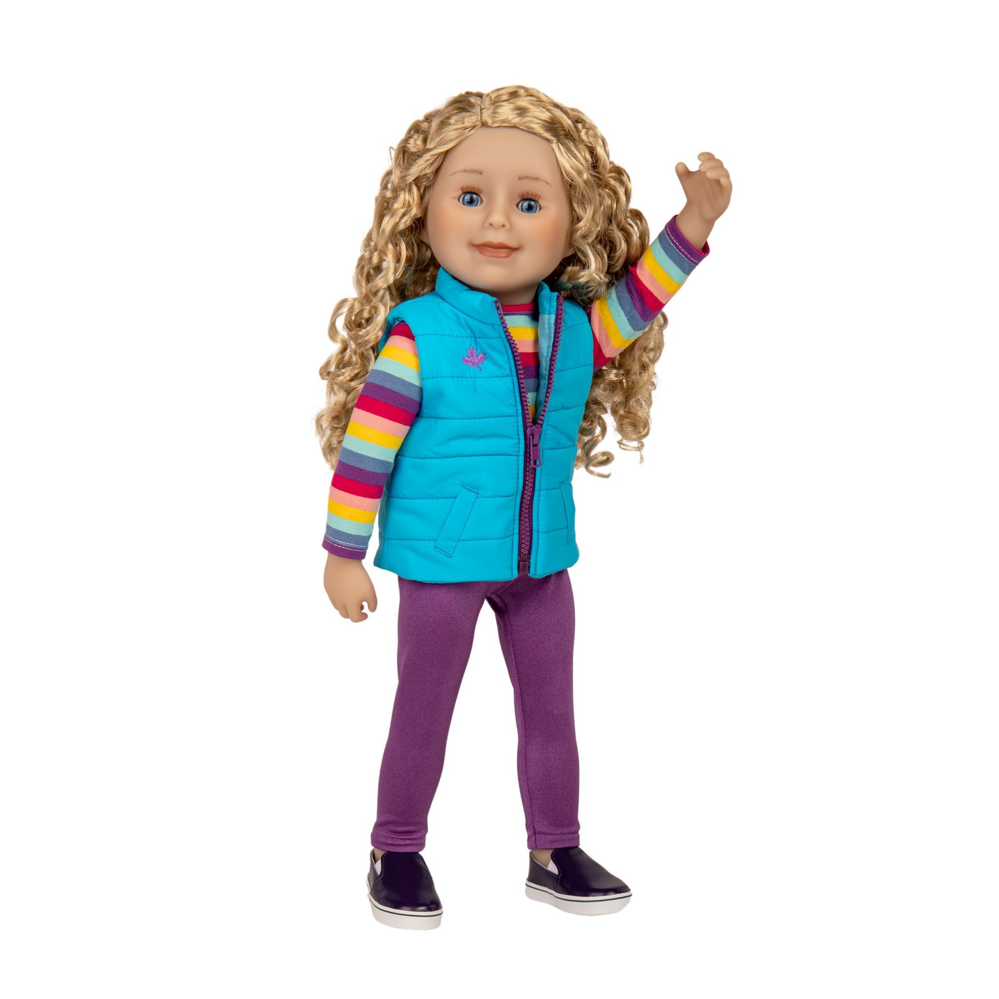 18-inch doll with long curly blonde hair, blue eyes, and light skin.
