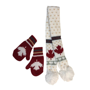 flat image of maple cabin wilderness scarf and mitts