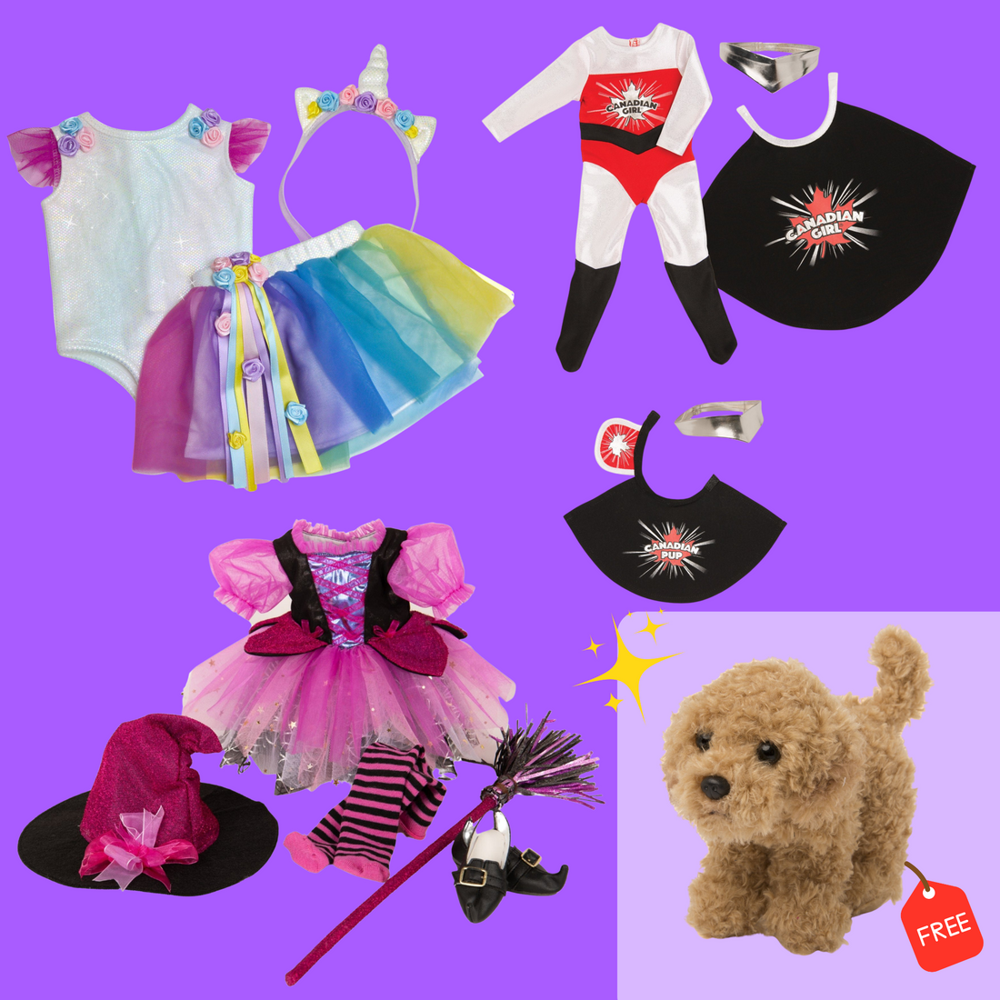Collection of 18-inch doll costumes and accessories.