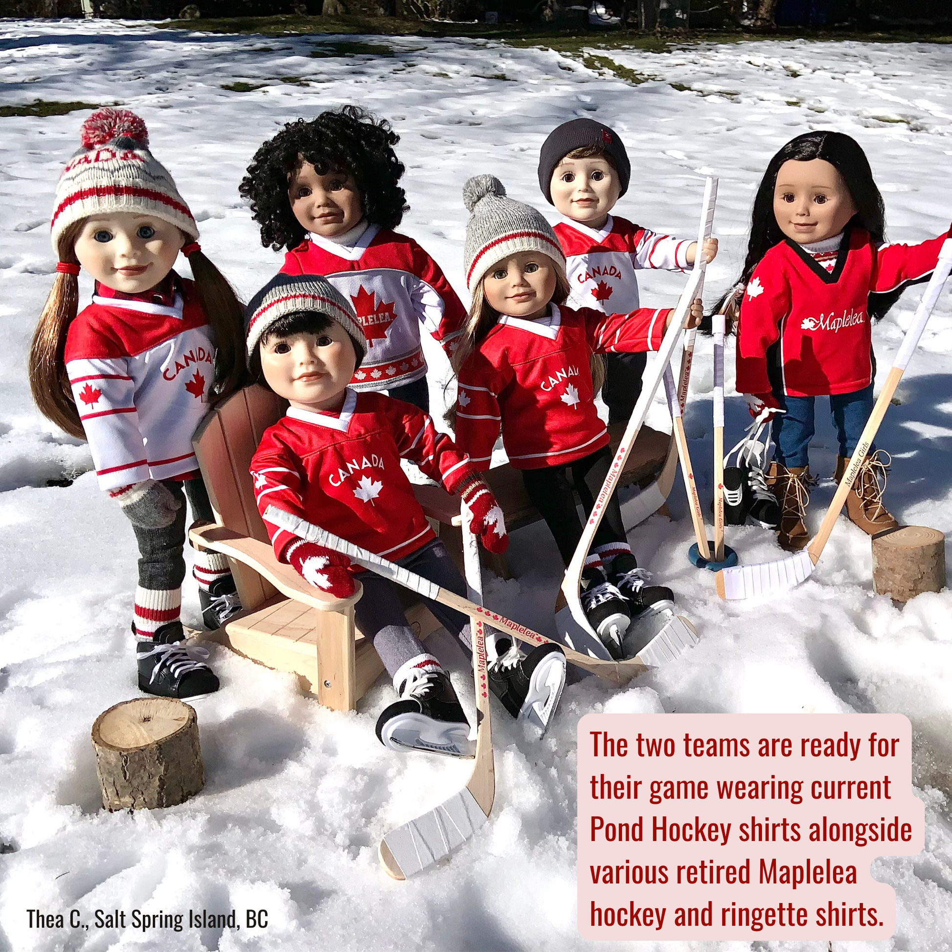 dolls dressed in hockey gear ready to play pond hockey
