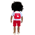 18-inch doll wearing canadian themed red shorts, shirt with true north strong and free emblem, and backpack with embroidered mapleleaf with real zipper and pocket.