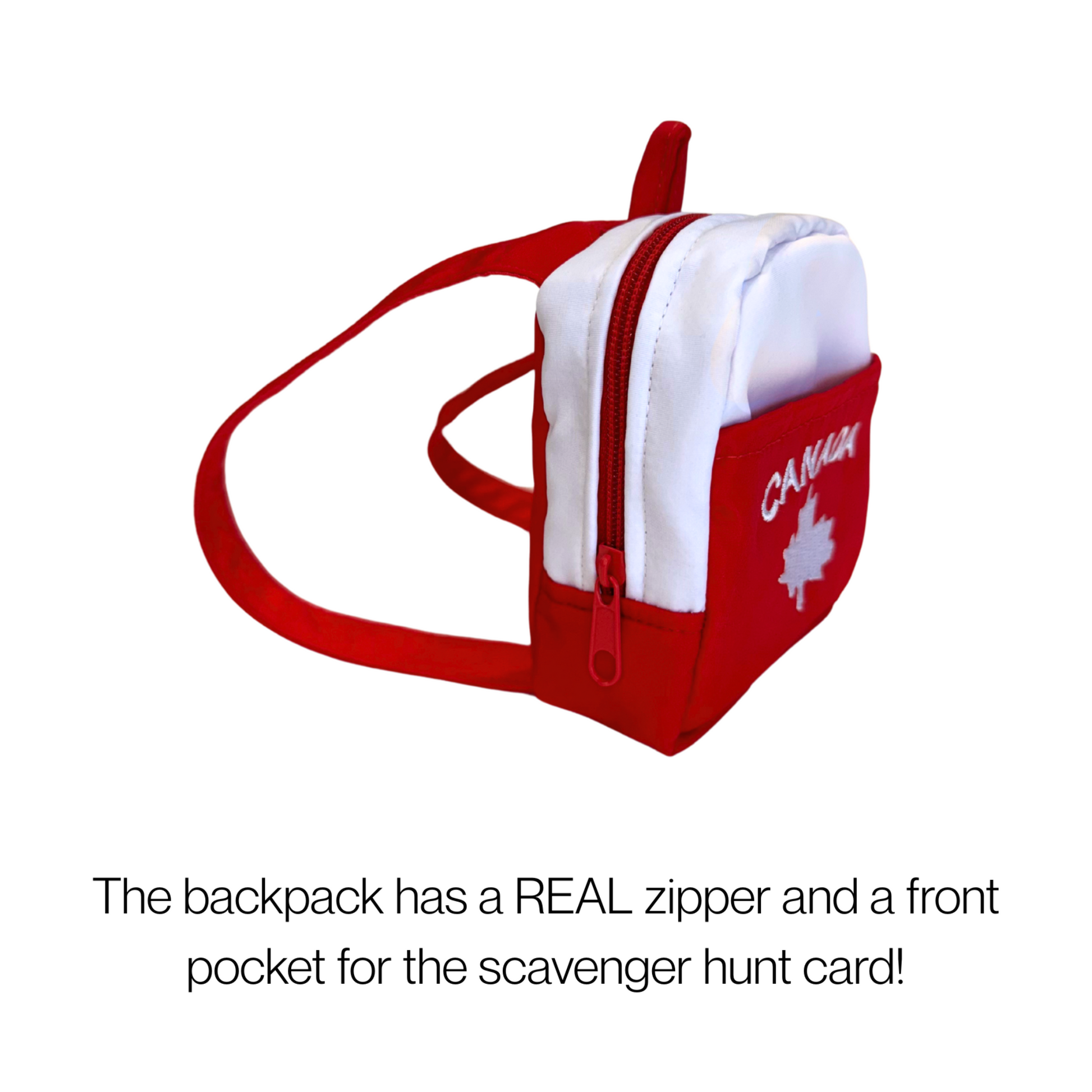 details of the backpack showing its real zipper and pocket for the included scavenger hunt card.