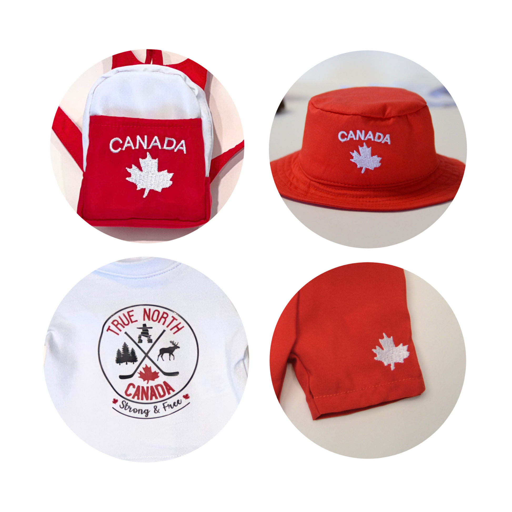 features of canadian themed red shorts, bucket hat, shirt and backpack from maplelea.